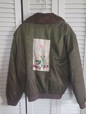 Olive Green Bomber Jacket with Brown Collar and Embroidered Korea Panel